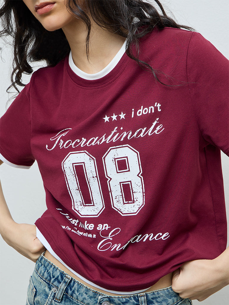 Nuon Burgundy Typographic Cotton T-Shirt