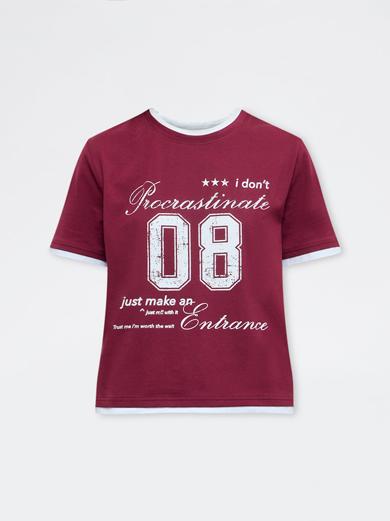 Nuon Burgundy Typographic Cotton T-Shirt