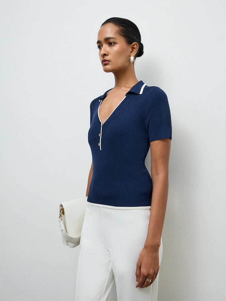 Wardrobe Navy Knit-Textured Top