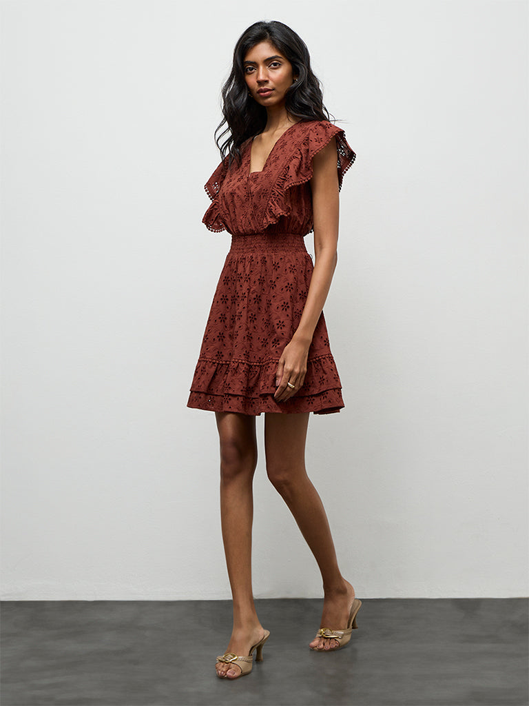 LOV Brown Schiffli-Detailed A-Line Dress