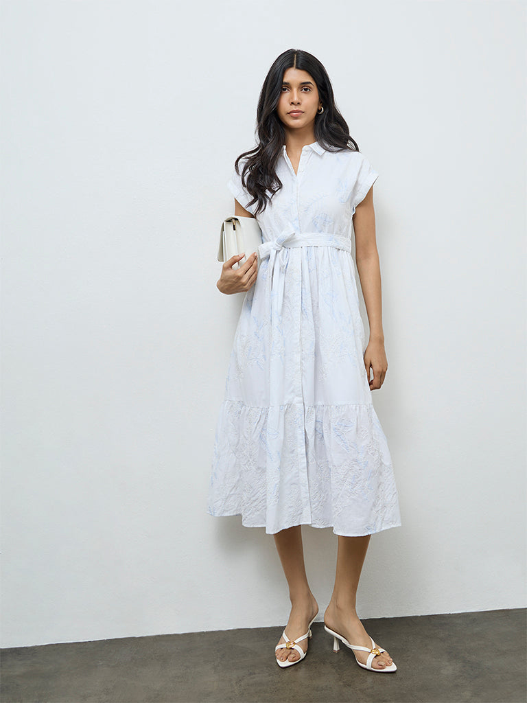 Buy LOV White Floral Embroidered Cotton Shirt Dress with Belt from Westside
