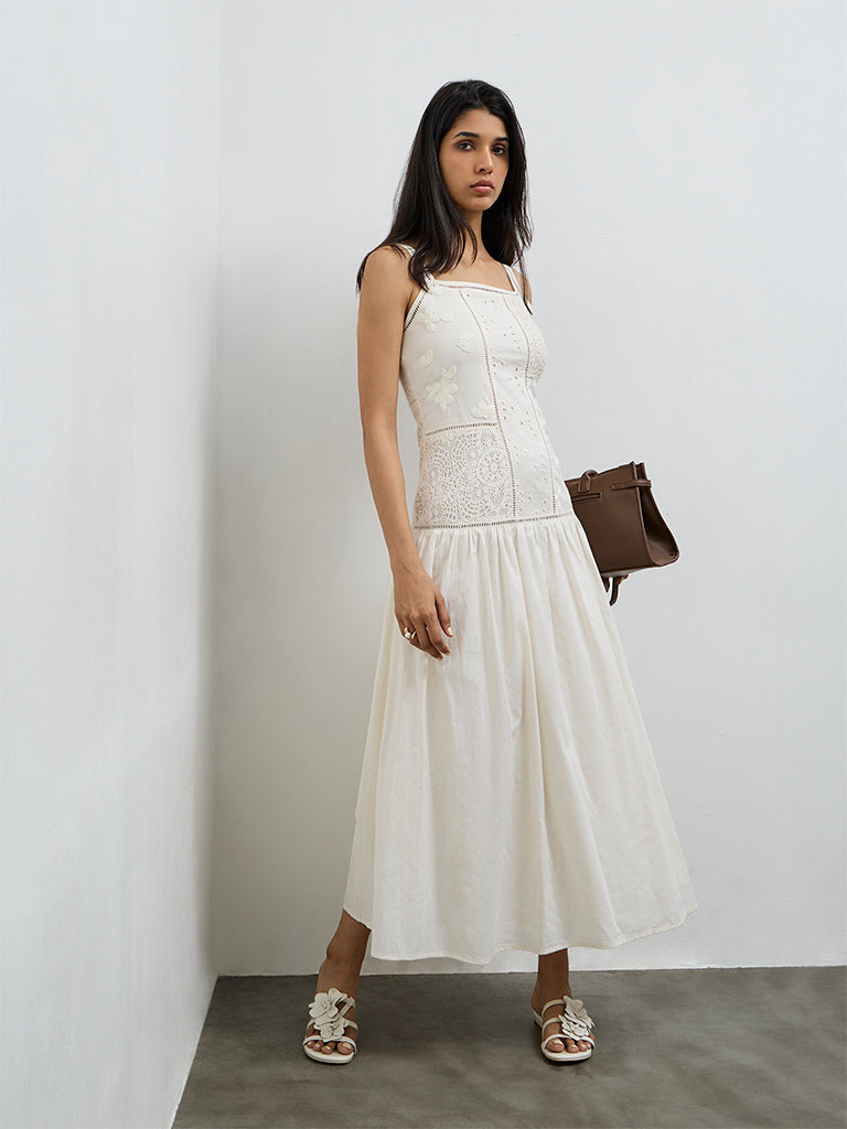 LOV Off-White Embroidered Drop Waist Dress