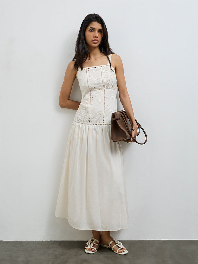 LOV Off-White Embroidered Drop Waist Dress
