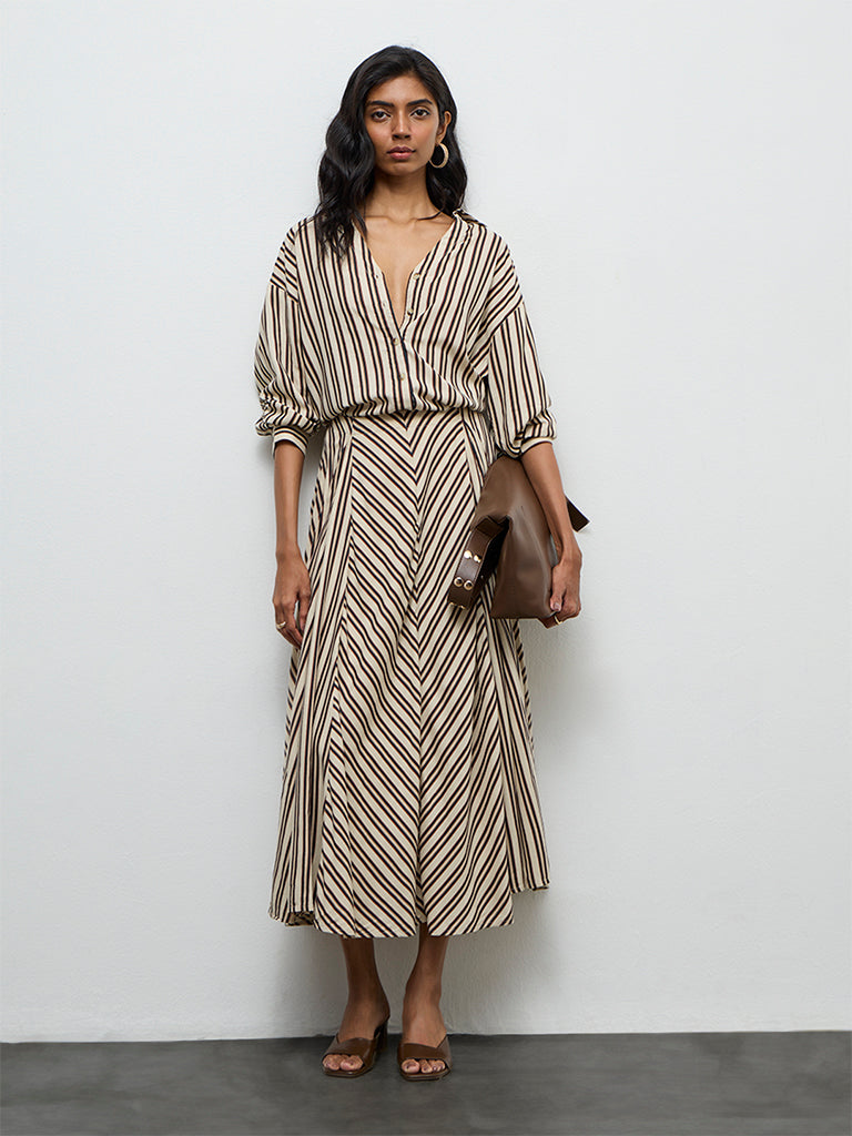 LOV Light Beige Chevron-Printed High-Rise Skirt