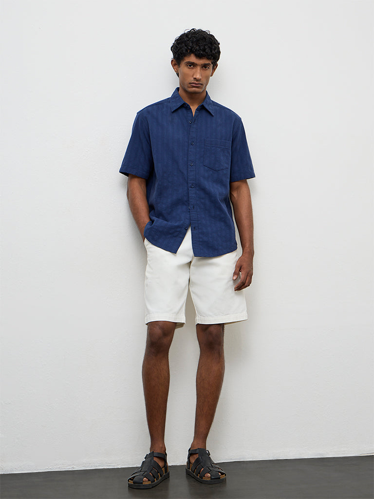 WES Casuals Indigo Self-Striped Relaxed-Fit Cotton Shirt