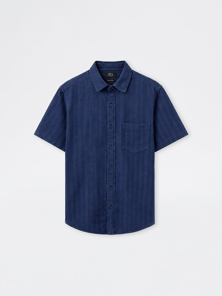 WES Casuals Indigo Self-Striped Relaxed-Fit Cotton Shirt