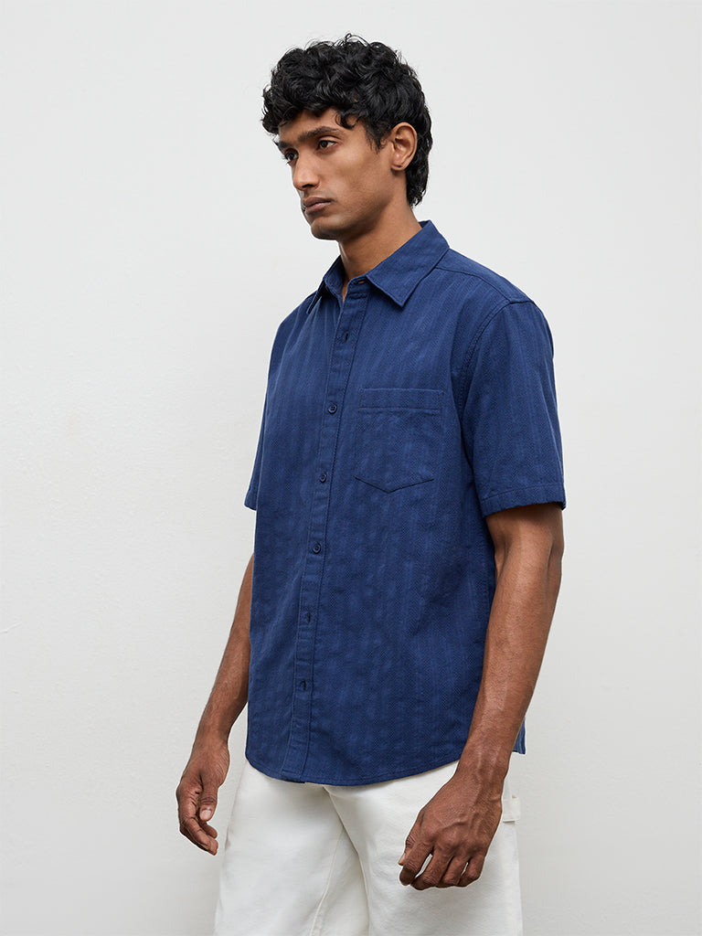 WES Casuals Indigo Self-Striped Relaxed-Fit Cotton Shirt