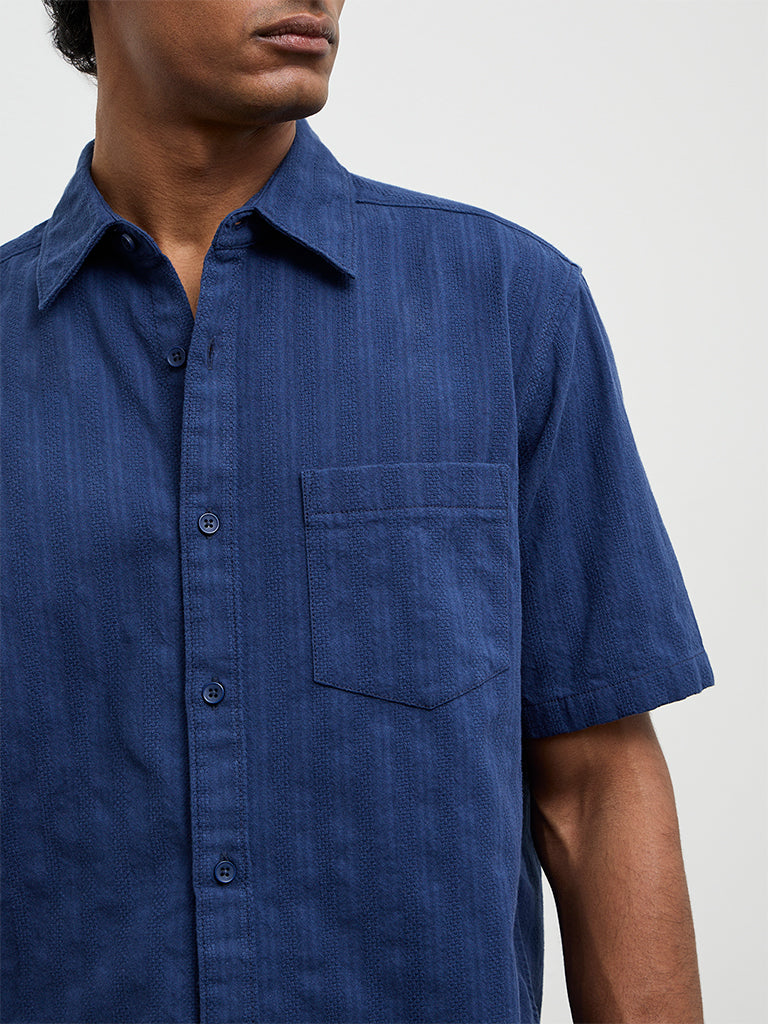 WES Casuals Indigo Self-Striped Relaxed-Fit Cotton Shirt