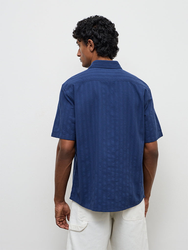 WES Casuals Indigo Self-Striped Relaxed-Fit Cotton Shirt