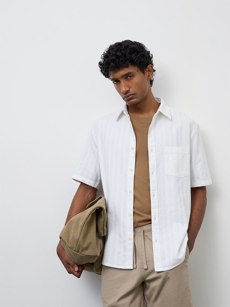 WES Casuals Off-White Stripe Textured Relaxed-Fit Cotton Shirt