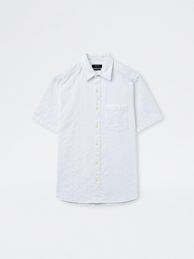 WES Casuals Off-White Stripe Textured Relaxed-Fit Cotton Shirt