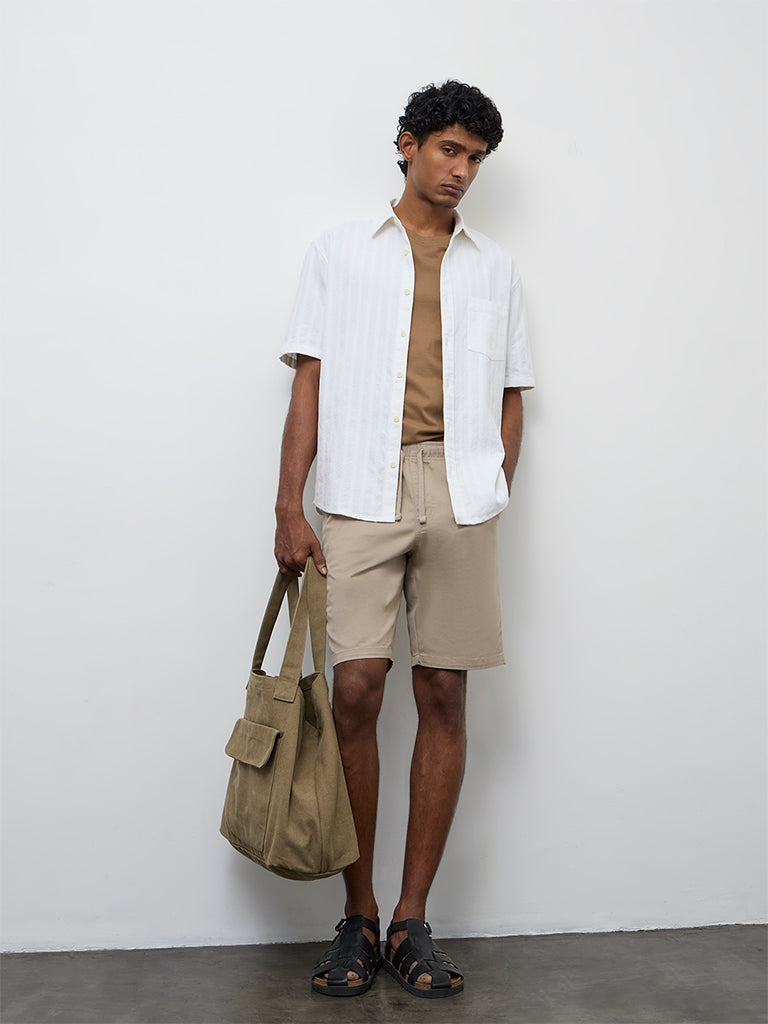 WES Casuals Off-White Stripe Textured Relaxed-Fit Cotton Shirt