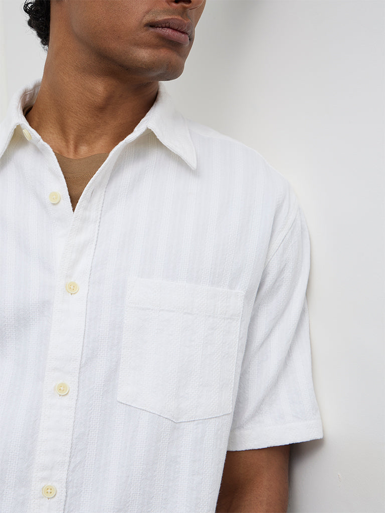 WES Casuals Off-White Stripe Textured Relaxed-Fit Cotton Shirt