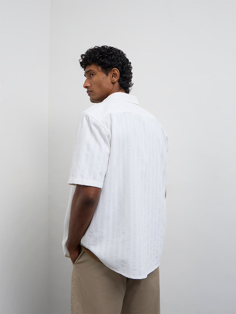 WES Casuals Off-White Stripe Textured Relaxed-Fit Cotton Shirt