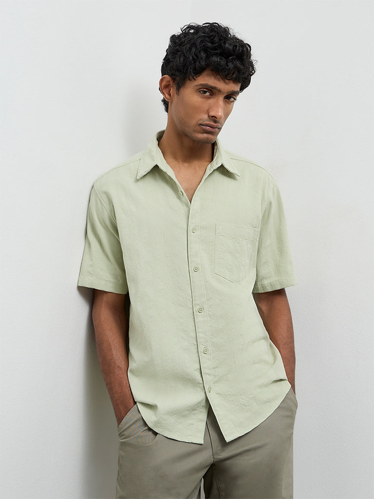 WES Casuals Sage Stripe Textured Relaxed-Fit Cotton Shirt