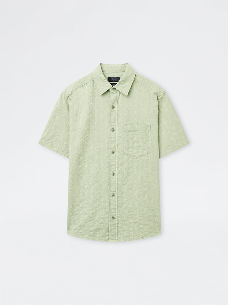 WES Casuals Sage Stripe Textured Relaxed-Fit Cotton Shirt