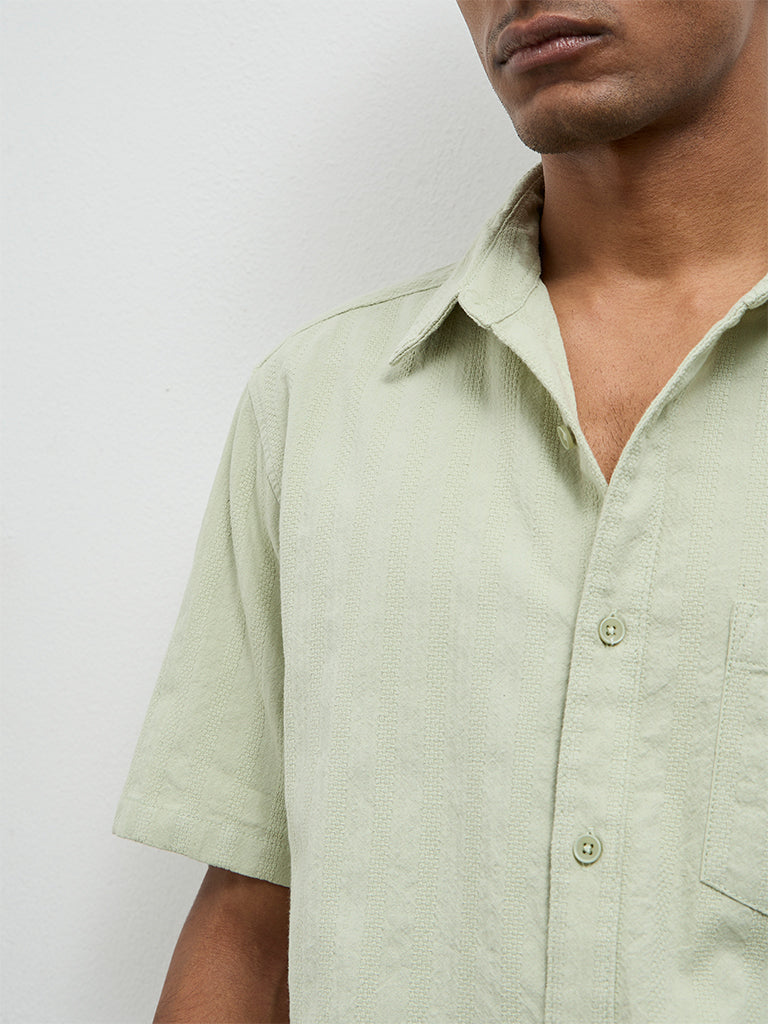 WES Casuals Sage Stripe Textured Relaxed-Fit Cotton Shirt