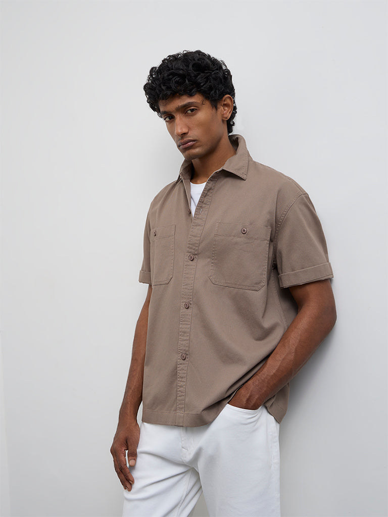 WES Casuals Brown Relaxed-Fit Cotton Shirt