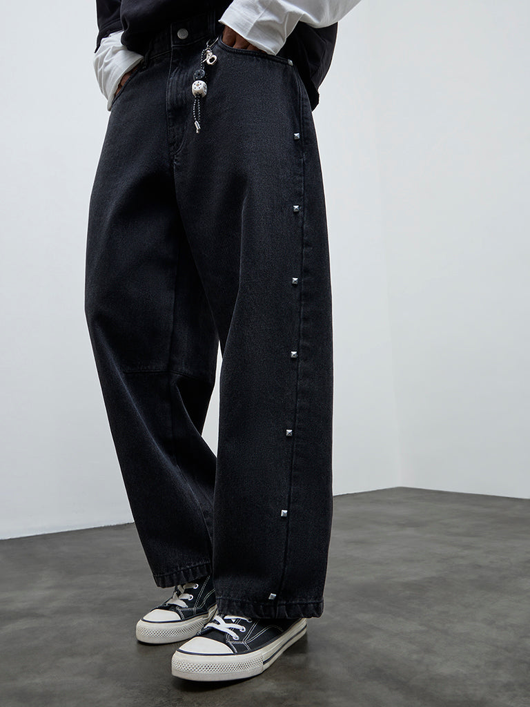 Nuon Charcoal Stud-Detailed Relaxed-Fit Mid-Rise Jeans