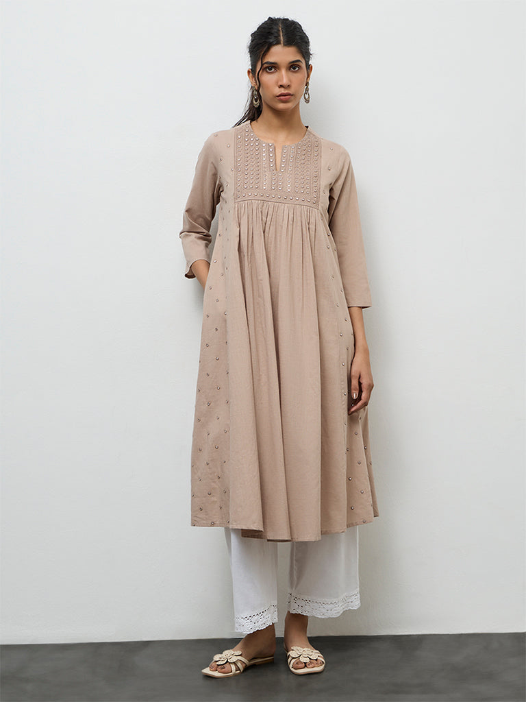 Utsa Taupe Mirror-Work Cotton A-Line Kurta