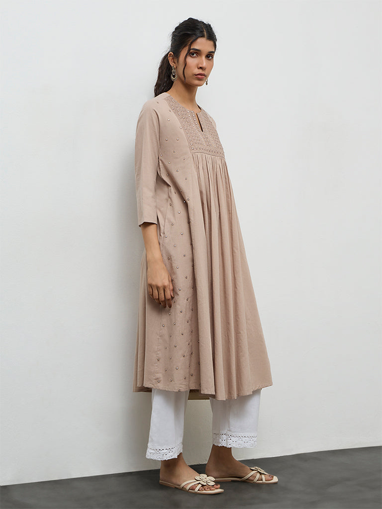 Utsa Taupe Mirror-Work Cotton A-Line Kurta