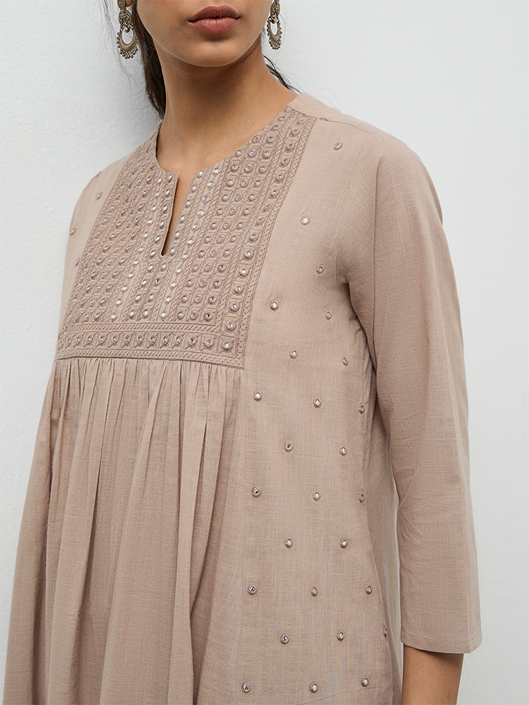 Utsa Taupe Mirror-Work Cotton A-Line Kurta