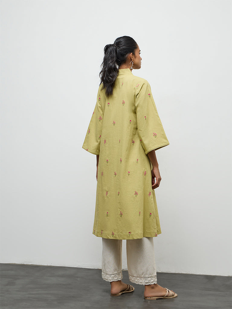 Utsa Lime Floral Embroidered  A-Line Cotton Kurta