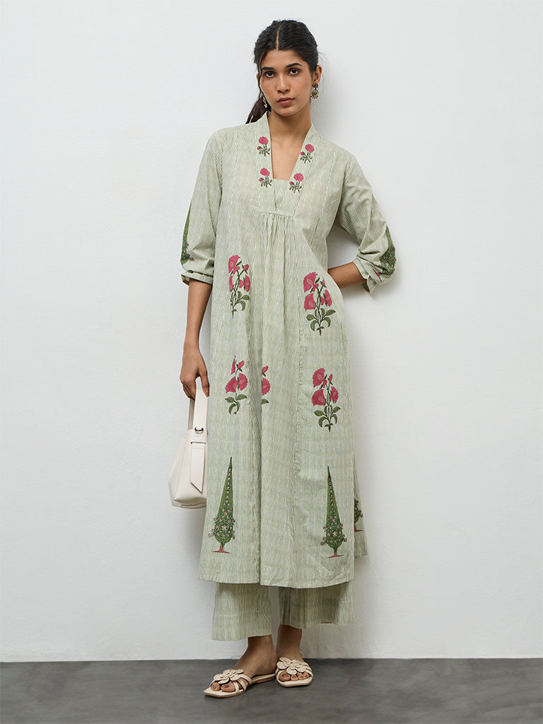 Utsa Green Striped Cotton A-Line Kurta