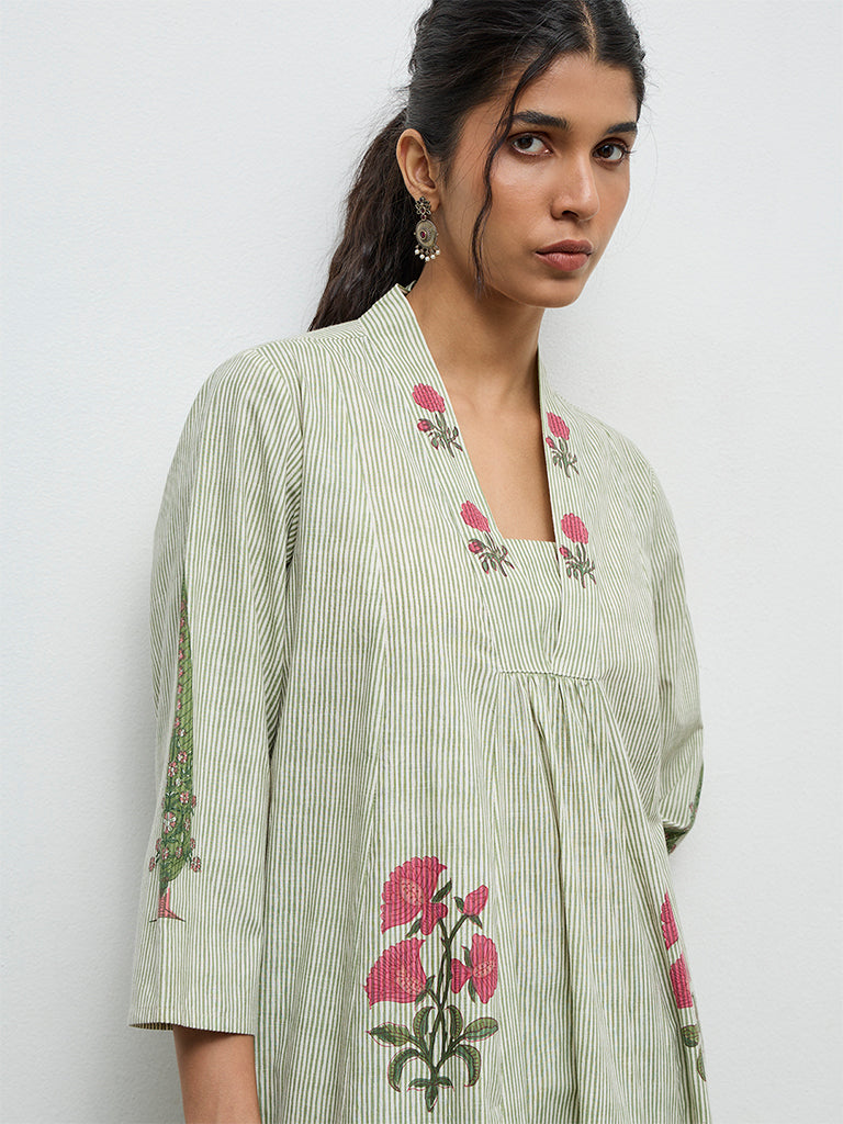 Utsa Green Striped Cotton A-Line Kurta