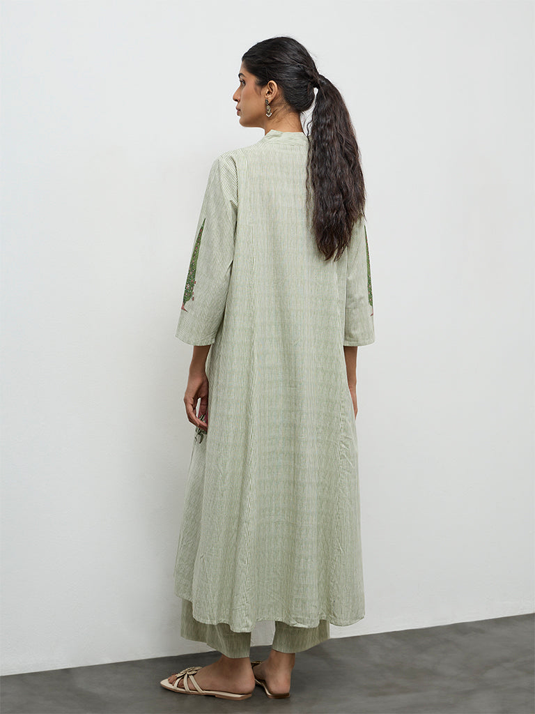 Utsa Green Striped Cotton A-Line Kurta