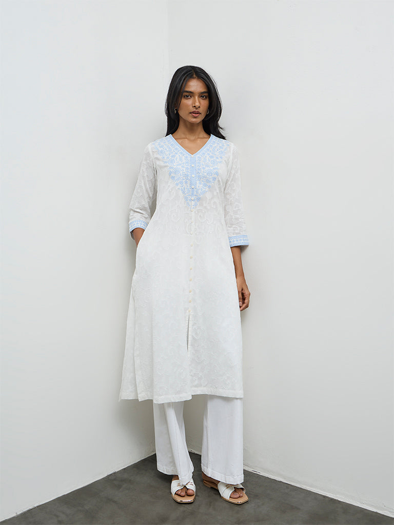 Utsa White Floral Embroidered Cotton A-Line Kurta