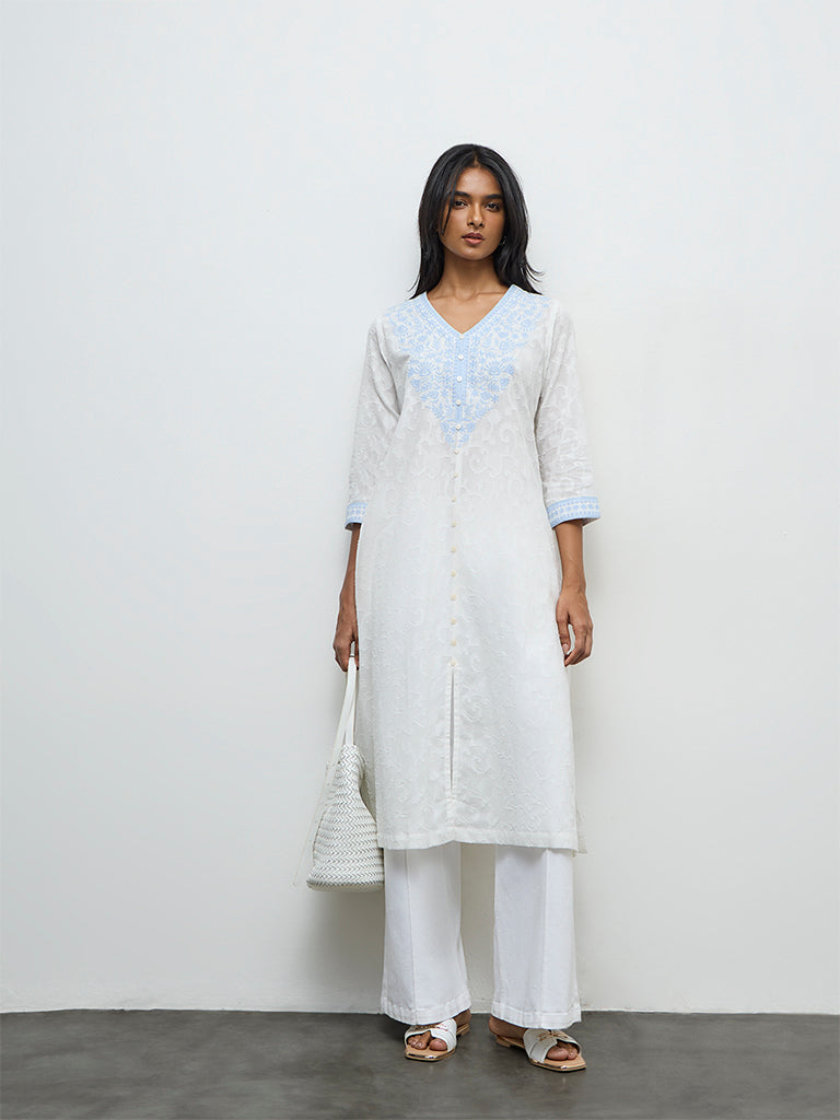 Utsa White Floral Embroidered Cotton A-Line Kurta