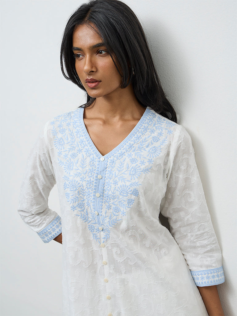 Utsa White Floral Embroidered Cotton A-Line Kurta