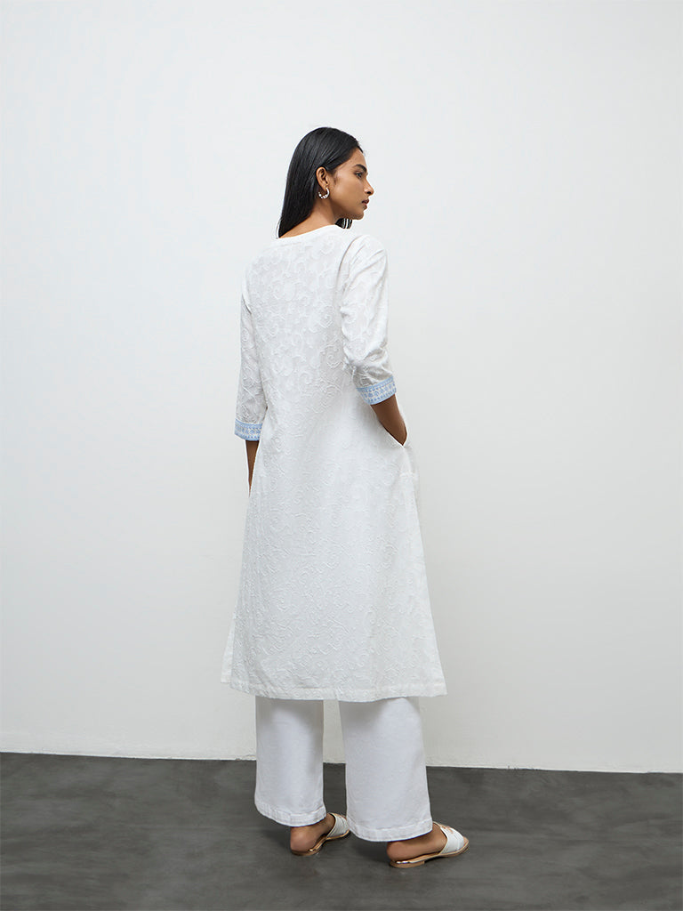 Utsa White Floral Embroidered Cotton A-Line Kurta