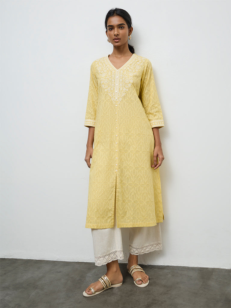 Utsa Yellow Floral Embroidered A-Line Cotton Kurta