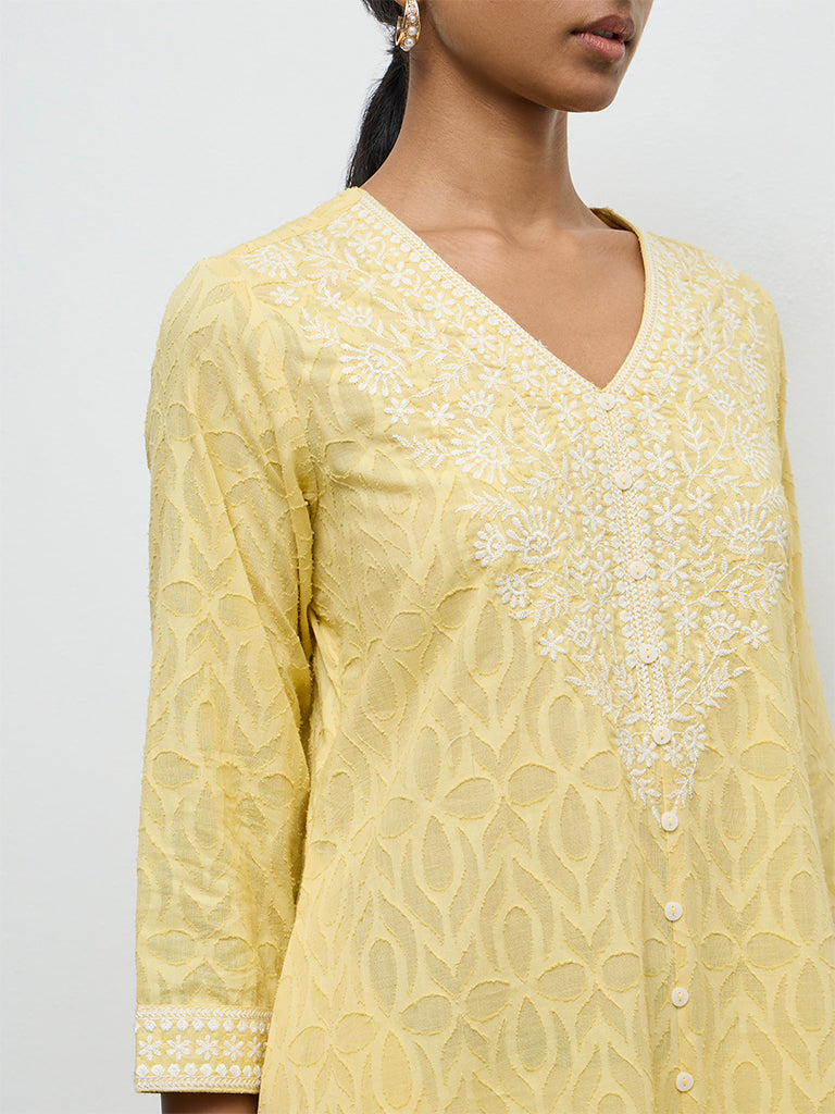 Utsa Yellow Floral Embroidered A-Line Cotton Kurta