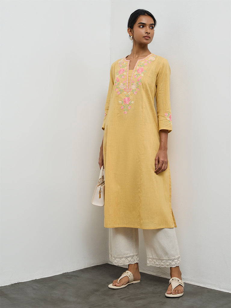 Utsa Mustard Floral Embroidered A-Line Cotton Kurta