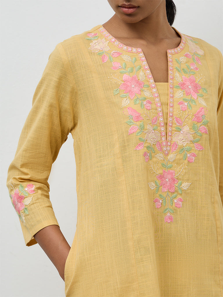 Utsa Mustard Floral Embroidered A-Line Cotton Kurta