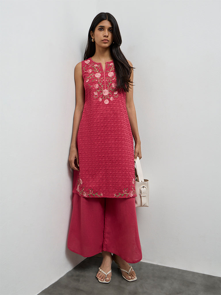 Utsa Pink Floral Embroidered Cotton A-Line Kurta