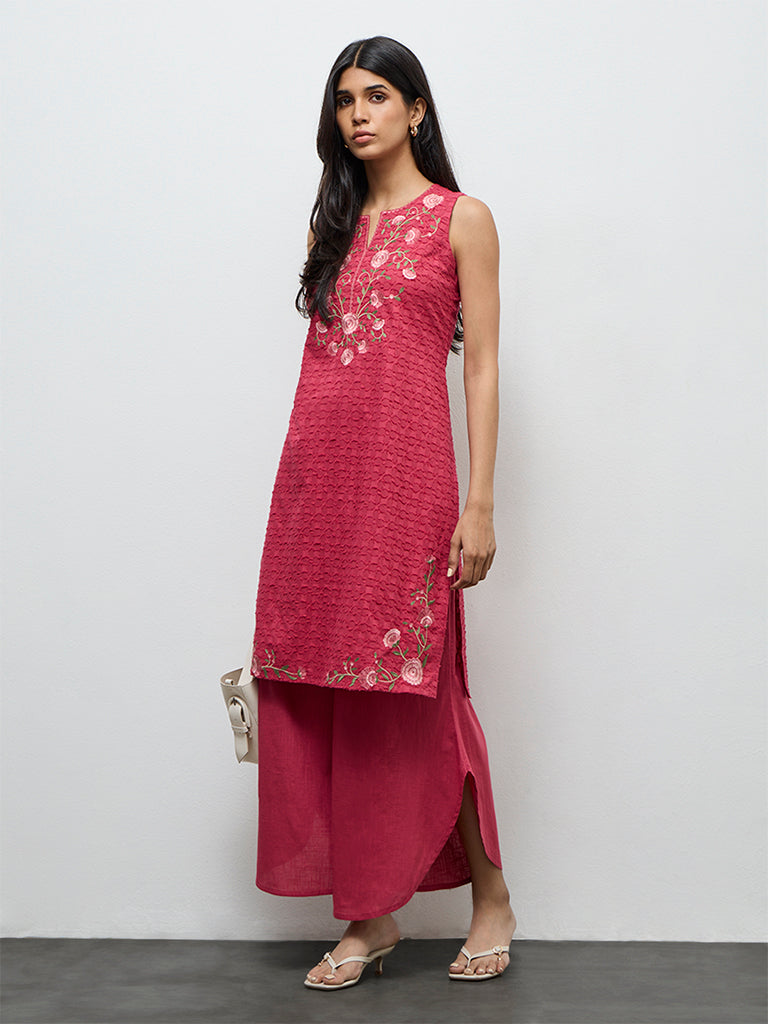 Utsa Pink Floral Embroidered Cotton A-Line Kurta