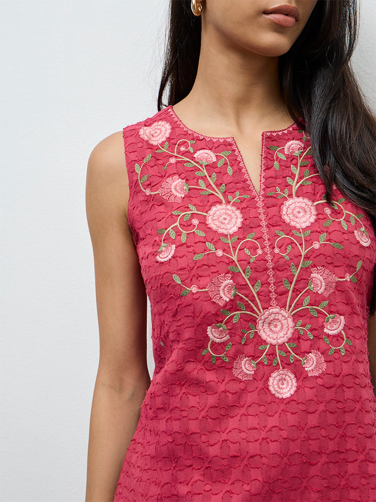 Utsa Pink Floral Embroidered Cotton A-Line Kurta