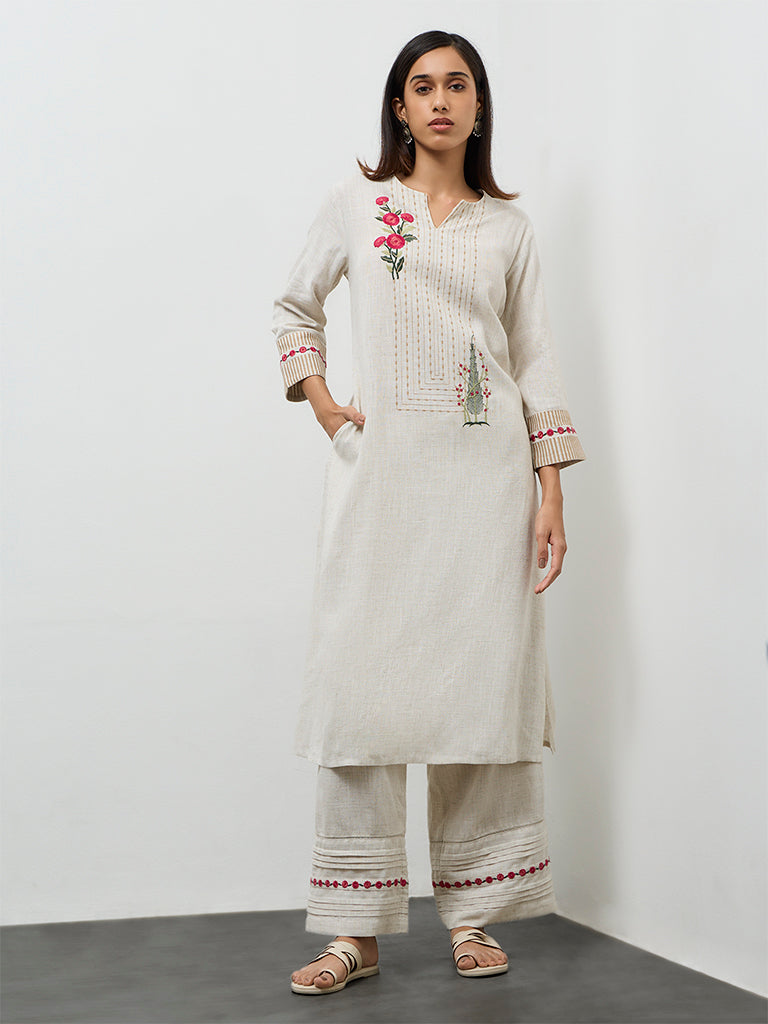 Utsa Beige Embroidered Cotton A-Line Kurta
