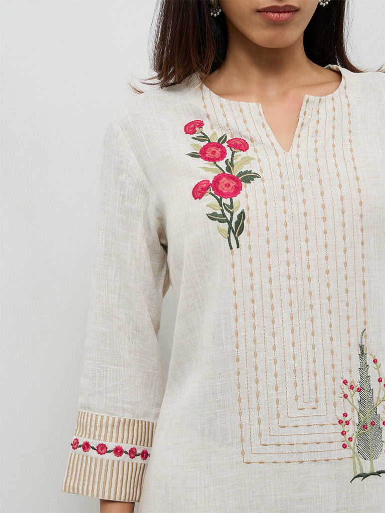 Utsa Beige Embroidered Cotton A-Line Kurta
