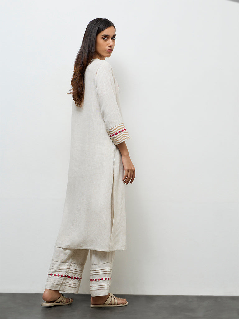 Utsa Beige Embroidered Cotton A-Line Kurta