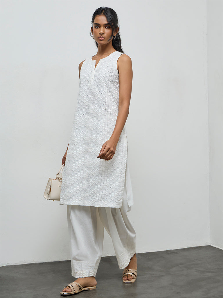 Utsa White Floral Embroidered Cotton Straight Kurta