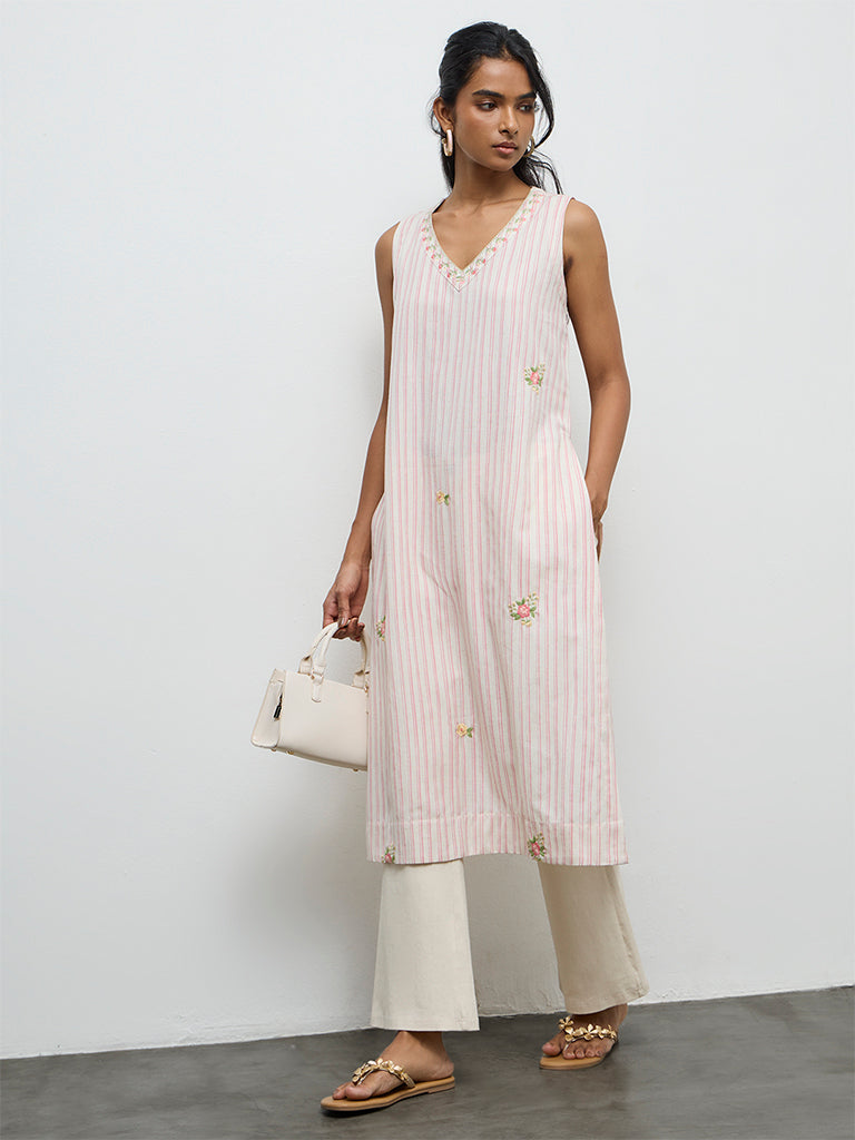 Utsa Light Pink Striped A-Line Cotton-Blend Kurta