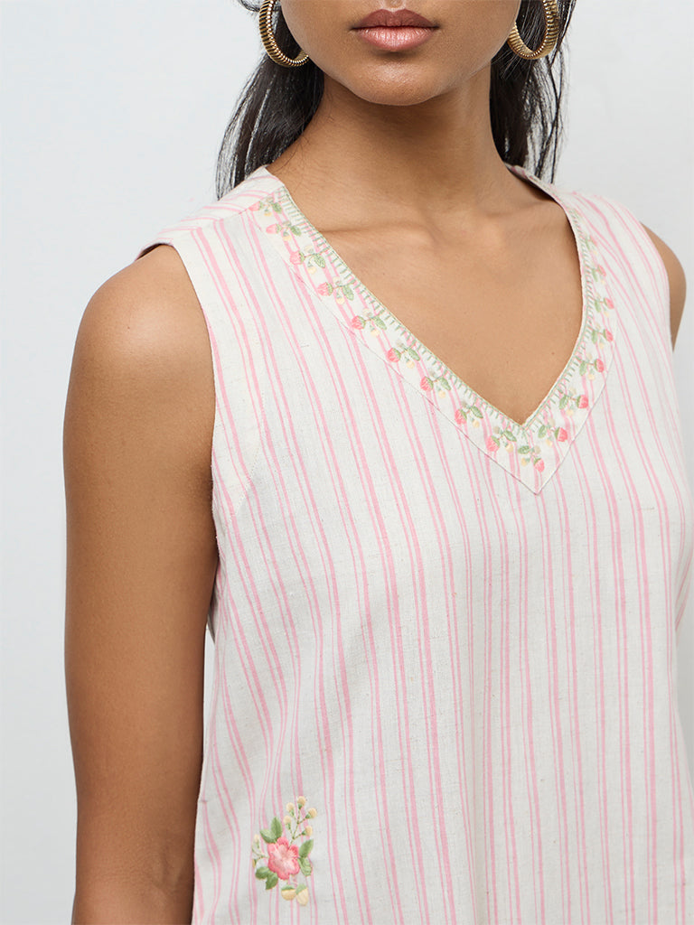Utsa Light Pink Striped A-Line Cotton-Blend Kurta