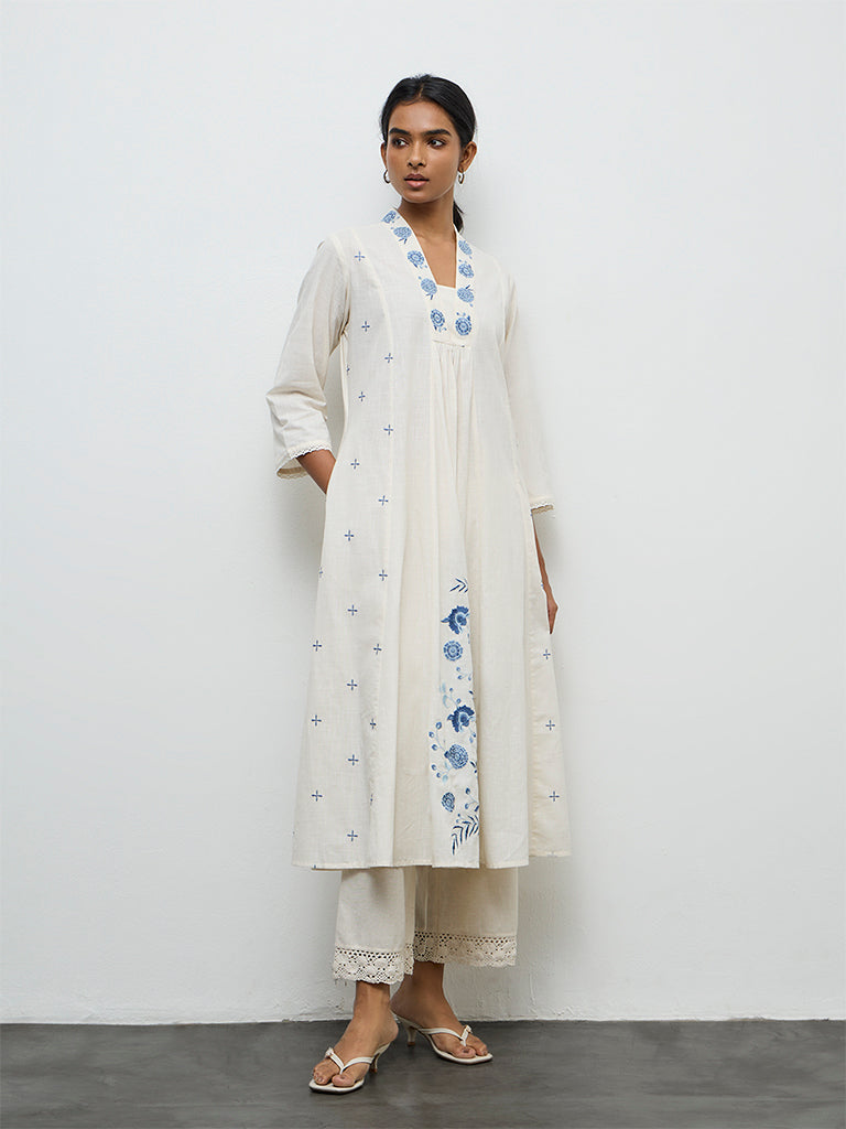 Utsa White Floral Embroidered A-Line Cotton Kurta
