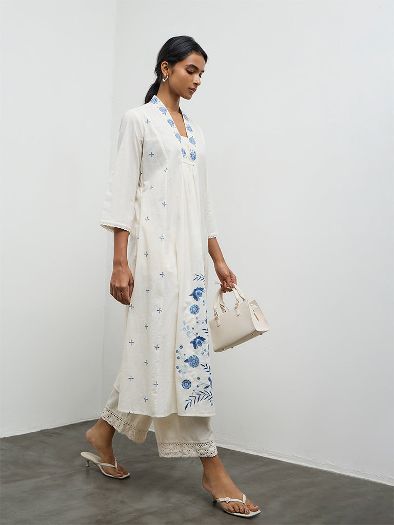 Utsa White Floral Embroidered A-Line Cotton Kurta