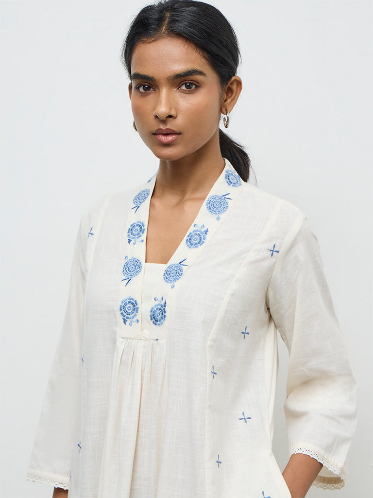 Utsa White Floral Embroidered A-Line Cotton Kurta